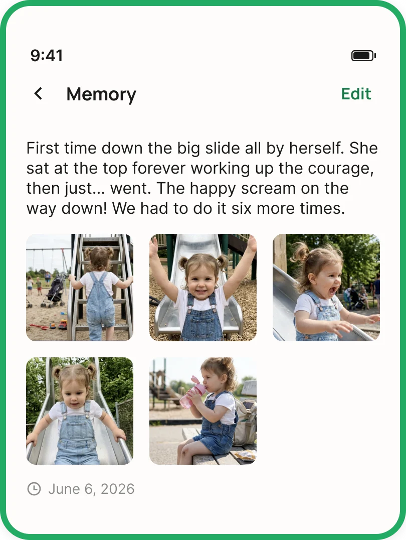 A memory saved in Nestory: first time down the big slide