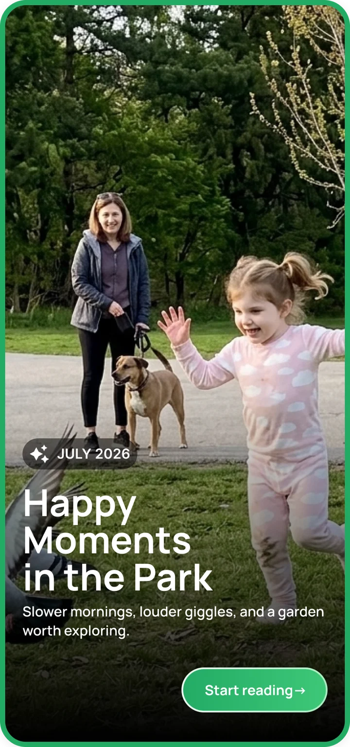 A Nestory monthly story cover on a phone